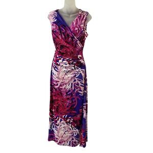Kate & Mallory Tropical Faux Wrap Maxi Dress Women S Purple Pink Stretch Wedding